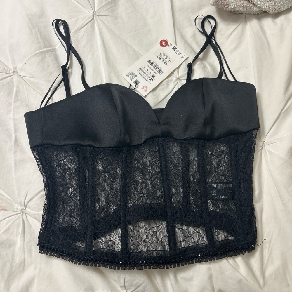 Zara Black Lace Bustier Crop Top with Sheer Panels